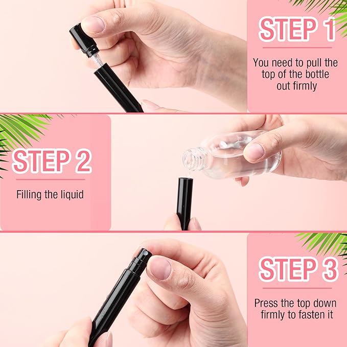 Tanlade 300 Pcs 5ml Mini Spray Bottles Black Plastic Perfume Atomizer Sprayer Bottles Portable Perfume Travel Refillable Bottle for Travel Pocket Dispenser Container