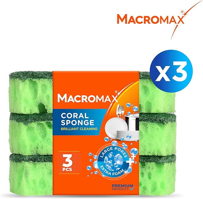 Macromax Coral Sponge – Ergonomic Heavy Duty Scrub Sponge for Kitchen – Large Pores for Extra Foam – Non-Scratch Dish Scrubber for Pots, Pans & Grills, 3-Pieces
