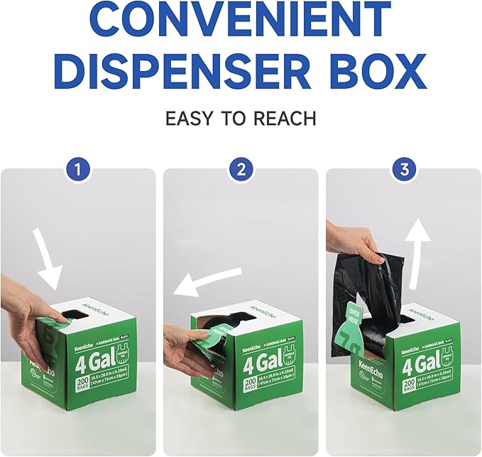 Small Trash Bags with Handles 4 Gallon 200 Count Black - Ocean Plastic Upcycling - Plastic Garbage Bags, Can Bin & Waste Basket Liner for Kitchen, Bathroom, Office and Pets