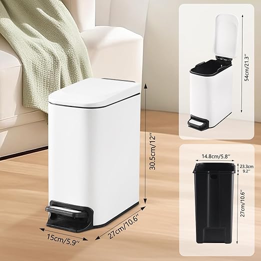 Slim Bathroom Trash Can with Lid Stainless Steel Garbage Can with Removable Inner Bucket Small Wastebasket with Step Pedal for Toilet Office Bedroom (Matte White, 1.8 Gallons)