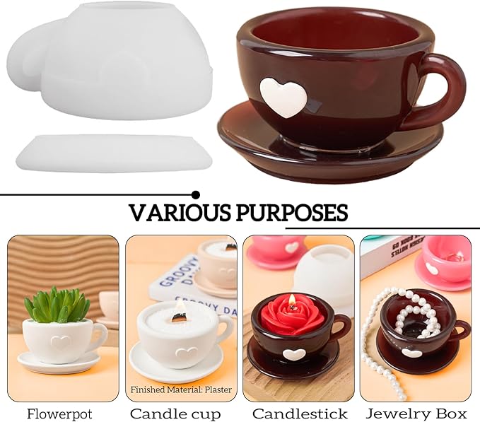 Resin Molds Coffee Cup with Saucer Silicone Mold for Resin Epoxy Casting Candle Vessel Craft Mould Jewelry Container Coaster Tray Candlestick Concrete Plaster Art Teacup Molds DIY Valentine's Day Gift