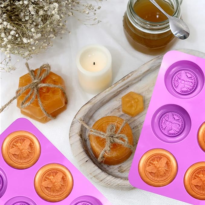 2 Pack Silicone Soap Molds, 3D 6-Cavity Round Bee Silicone Molds Homemade Soaps, Lotion Bar, Jello, Bath Bomb, Beeswax, Resin, Candle, Chocolate and Dessert (Purple)