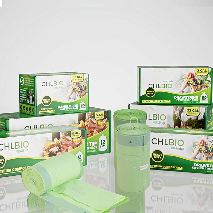 50-55 Gallon Compostable Trash Bags with Flat-Top, Heavy Duty Extra Thick 1.57 Mil, 208.2 Liter, 12 Bags, Large Lawn and Yard Waste Bag, ASTM D6400, US BPI and OK Compost Home Certified