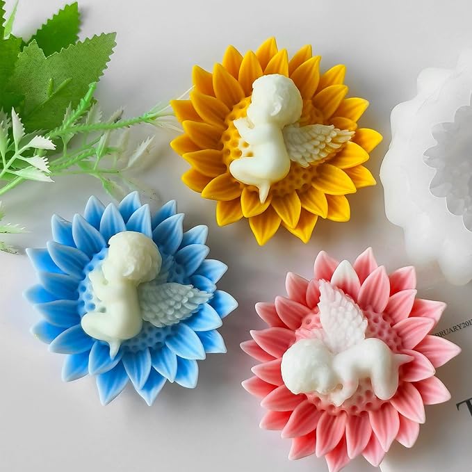 3D Flower Silicone Candle Soap Molds, Angle Baby Sunflower Shape Fondant Chocolate Cake Decoration Mold, Epoxy Resin Casting Wax Concrete Polymer Clay Mold for Craft Baby Shower Wedding Decor
