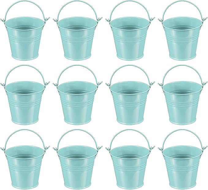 PATIKIL 2.7"x2.3" Small Metal Buckets with Handle, 12 Pcs Mini Galvanized Bucket Colorful Easter Buckets for Crafts Party Favors Decoration, Light Blue