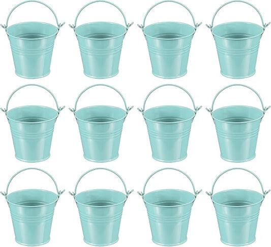 PATIKIL 2.7"x2.3" Small Metal Buckets with Handle, 12 Pcs Mini Galvanized Bucket Colorful Easter Buckets for Crafts Party Favors Decoration, Light Blue