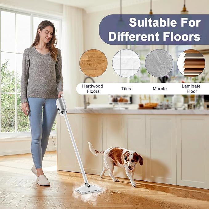 Steam Cleaner, 6 in1 Rotated Steam Mop Cleaner with 2 Modes, 2 Microfiber Pads, 400ML Removable Tank, 23FT Power Cable, Detachable Steam Mops for Floor, Laminate Floor, Tiles Cleaning (Sky White)