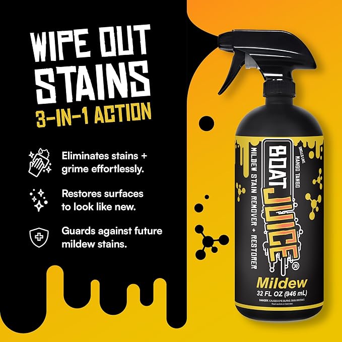 Boat Juice Mildew Stain Remover & Restorer Boat Cleaner | Marine-Grade Boat Mold & Mildew Remover for Vinyl Seats, Upholstery, Cushions & Interior | Fast-Acting, Mango Tango Scent | Made in USA (32oz)