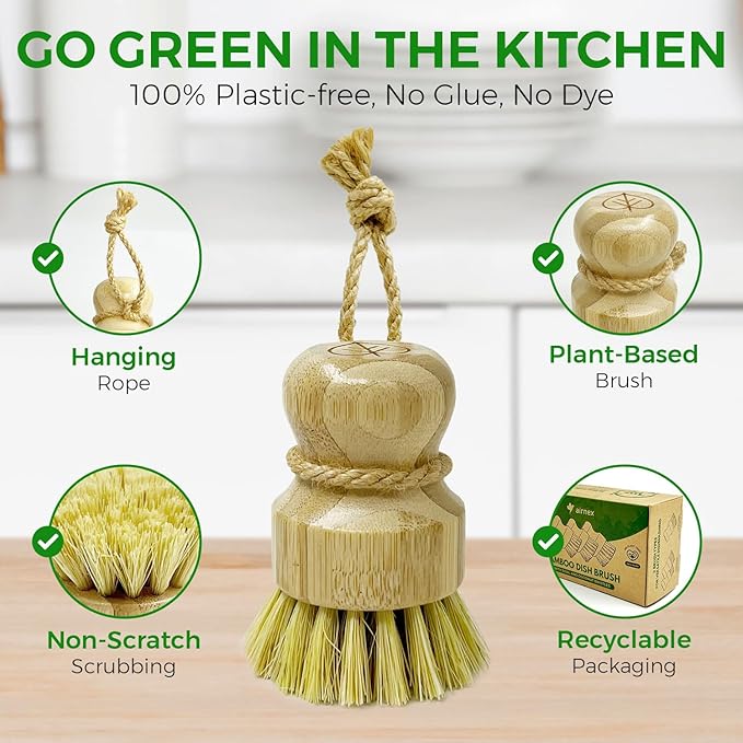 Bamboo Dish Brush Set of 3-100% Plastic Free Kitchen Scrubber with Medium Stiff Sisal and Strong Blend of Coconut Bristles - Non Scratch, Odor Free Wood Scrub for Pots, Pans and Vegetables