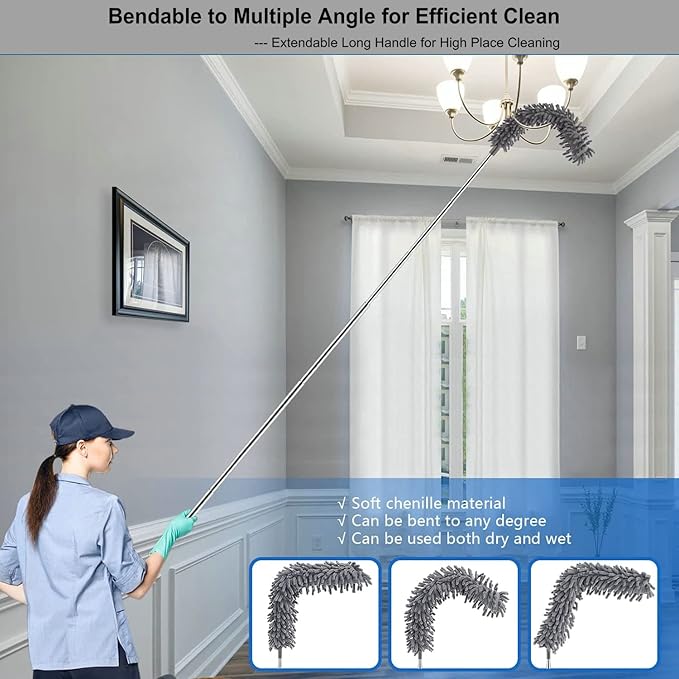 Microfiber Duster Kit High Reach Ceiling Fan Duster with Extendable Pole 100" Telescoping Cobweb Duster for Cleaning, Bendable Head Washable Duster for Ceiling, Fan, Furniture