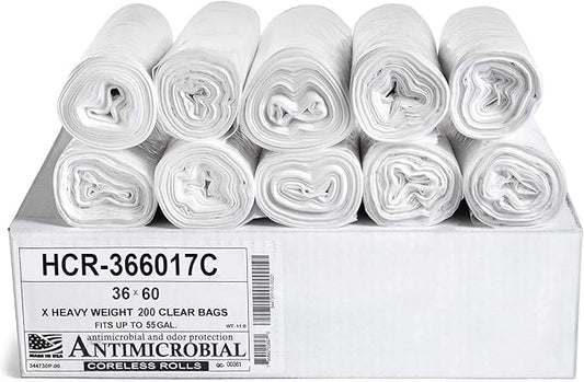 Aluf Plastics High Density Trash Bags, 55 Gallon, 200 Count, 17 Micron (eq), 36" x 60", Clear, for Bathroom, Office, Industrial, Commercial, Janitorial, Municipal, Recycling