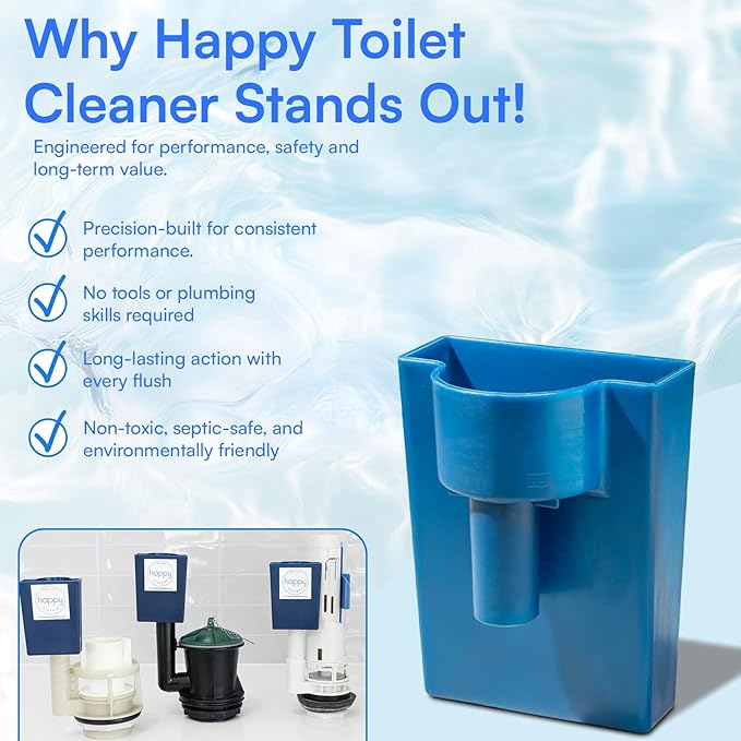 Happy Toilet Cleaner – Self-Cleaning Toilet System | Easy Install Toilet Tablet Holder for a Deep Clean with Every Flush | Made in the USA