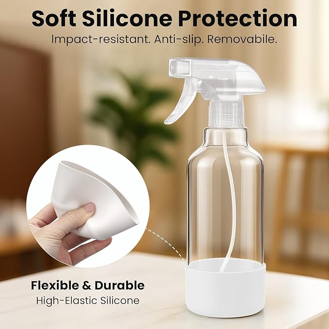 Glass Spray Bottles with Silicone Sleeve 16.9oz 2 Pack Empty Spray Bottle for Hair Mist/Stream Spraying for Cleaning Solutions, Plants, Essential Oils (clear-qblue&white)