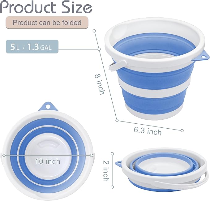 Small Collapsible Bucket 1.3 Gal/5L, Space-Efficient, Portable Foldable Water Pail for Household, Outdoor Use, Car Wash, Camping, Fishing - Blue, Single Pack