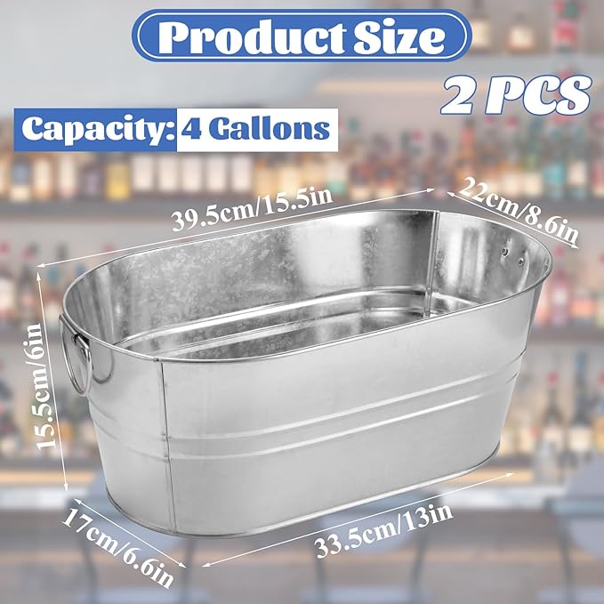 2 PCS Galvanized Bucket 4 Gallon Ice Buckets for Parties with Carry Handles Stainless Steel Beverage Tub for Parties 4 Gallon Galvanized Tub with Handles Drink Buckets for Parties Supplies