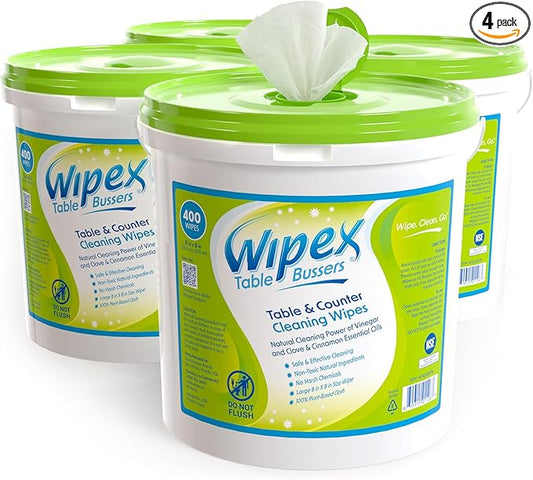 Wipex Table Bussers - Natural Table & Counter Turnover Cleaning Wipes with Vinegar, Propolis, Clove and Cinnamon Oil, 400 Count (4 Buckets, 1600 Wipes)