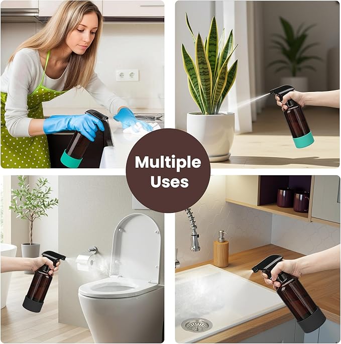 Glass Amber Spray Bottles with Silicone Sleeve, 2 Pack 16.9oz Refillable Containers with Adjustable Spray Nozzles, Empty Spray Bottle for Cleaning Solutions, Hair, Plants, Essential Oils (Black+Green)