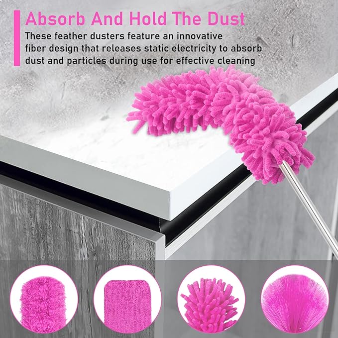 ThinkLearn Microfiber Dusters for Cleaning,14PCS Feather Dusters with Extension Pole,Bendable Washable and Extendable Duster for High Ceilings, Fans and Blinds House Cleaning Kit Pink Gift for Women