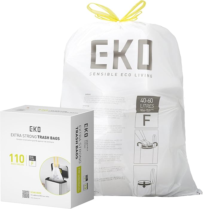 EKO 13 Gallon / 40-60 Liter,110 Count Drawstring Trash Bags, Extra-Strong Unscented Garbage Bags, Easy-Dispense Roll for Kitchen & Household Use, Resists Tears, Leaks and Punctures, Code F, White