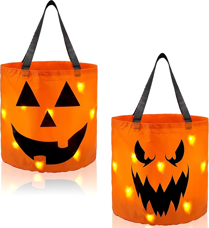 JOYIN 2 PCS Halloween Trick or Treat Bags 10 x 11.8 inches LED Light Orange Pumpkin Buckets Reusable Goody Candy Bucket for Kids Trick or Treating, Halloween Birthday Party Favor Supplies