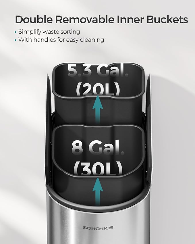 SONGMICS 13-Gallon Dual Kitchen Trash Can, 5.3 and 8 Gallon Compartments, Garbage Can with Wing Lids, Stainless Steel, Soft Close, Inner Buckets, Metallic Silver ULTB570E50