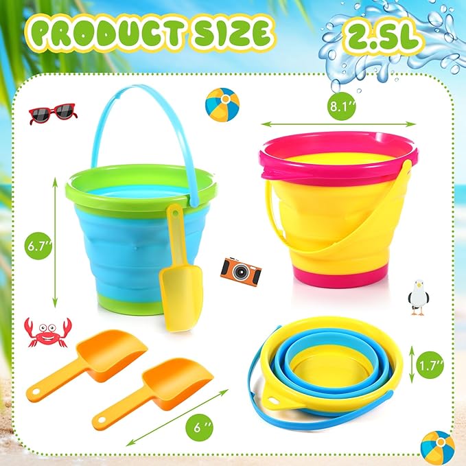 Realspring 3 Sets Collapsible Sand Buckets with Shovels Foldable Pail Buckets for Kids 2.5 l Colorful Collapsible Beach Toys Bulk for Summer Beach Party Outdoor Activity