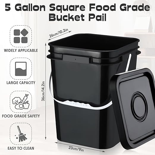 Vesici 6 Pcs 5 Gallon Food Grade Square Buckets with Lids 5 Gal Plastic Food Storage Square Bucket Heavy Duty Industrial Pail Container with DIY Label Stickers Handles for Water Painting(Black)