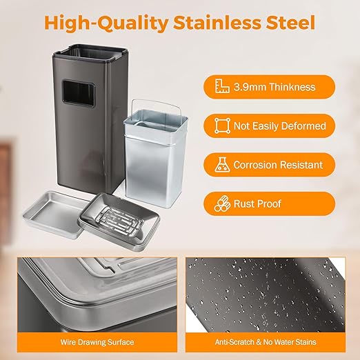 BEAMNOVA Trash Can Indoor Outdoor Stainless Steel Commercial Garbage Can Brushed Industrial Garbage Enclosure Inside Cabinet with Lid Waste Container, Metallic Black, 11.8 * 9.8 * 26.8 in