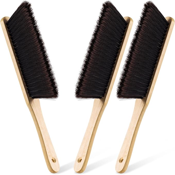 3 Pcs Wooden Hand Broom Set Counter Duster Dusting Bench Brushes Long Soft Bristles Handle Detail Brushes for Fireplace Car Home Bed Sofa Clothes Workshop Woodworking Hearth Rug Cleaning(3 Pcs C)