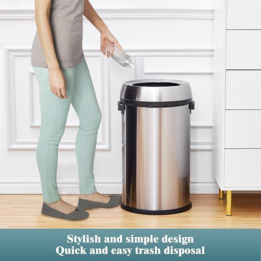 Garvee 17 Gallon Trash Can, Fingerprint-Proof Stainless Steel Swing Top Garbage Can, Heavy Duty Commercial Round Trash Bin with Swing Lid for Restaurant, Home, Office, Silver