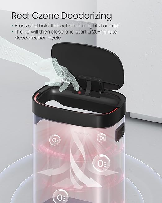 SONGMICS Kitchen Trash Can, 17.2-Gallon (65 L) Motion Sensor Garbage Can, Stainless Steel Trash Bin, Ozone Odor Control, Stay-Open, Ink Black ULTB660B01