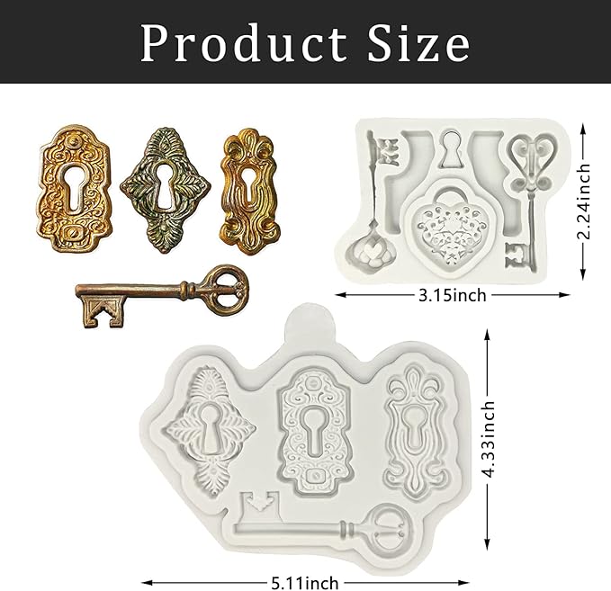 Vintage Key Cake Decorating Fondant Molds (2 Pcs), Keyhole Silicone Molds, Baroque Clay Molds for Cupcake Toppers, Chocolate, Candy, Marzipan, Polymer, Clay, Resin, Soap
