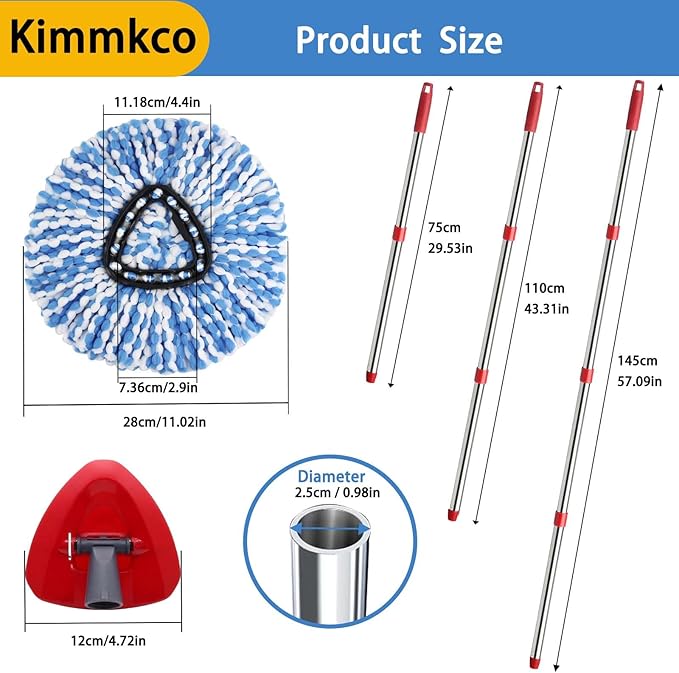 Small Spin Mop Replacement Head for O Cedar RinseClean 2-Tank System, 2 Fluffy Microfiber Mop Refills with 1 Small Base & 4-Section 30-58in Mop Handle, Replace Heads for Deep Clean, Machine Washable