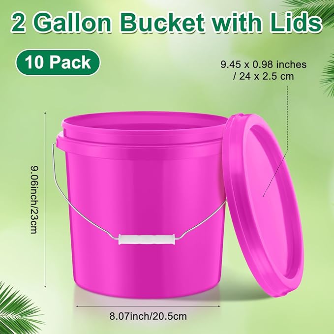Tioncy 10 Pcs 2 Gallon Plastic Bucket with Lid Heavy Duty 2 Gallon Bucket Pail with Lid Handle for Storage Container Home Household Cleaning (Pink)
