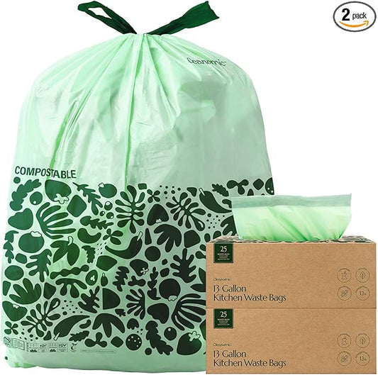 Cleanomic Compostable* 13 Gallon Trash Bags with Drawstring (2 Pack, 50 Count), BPI Certified For Kitchen Compost