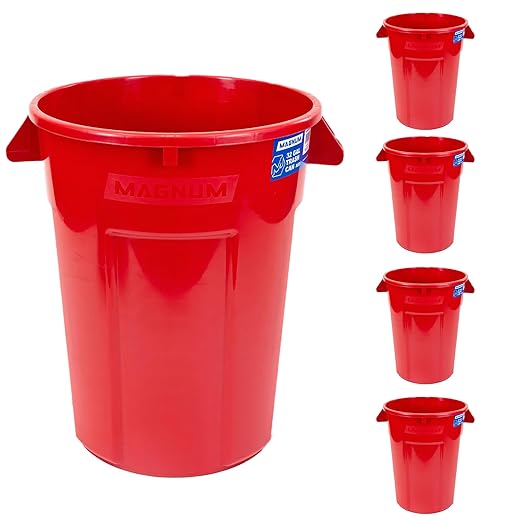 Magnum 32 Gallon Trash Can, High-Vis Red, Construction Grade, Heavy Duty Plastic, Jobsite Ready for Handling and Holding Garbage CMTC-C000-32R05 (5 Pack)