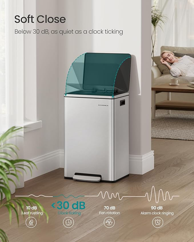 SONGMICS Trash Can, 13-Gallon Gabbage Can, with 15 Trash Bags, Stainless Steel, with Soft-Close Lid, Removable Inner Bucket, Handles, Silver ULTB595E01