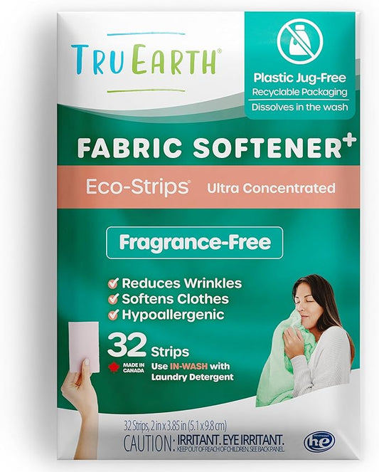 Tru Earth Fabric Softener Strips for Washing Machine, Alternative to Fabric Softener Liquid and Pods, Unscented Fragrance Free, Up to 64 Loads Per 32-Count