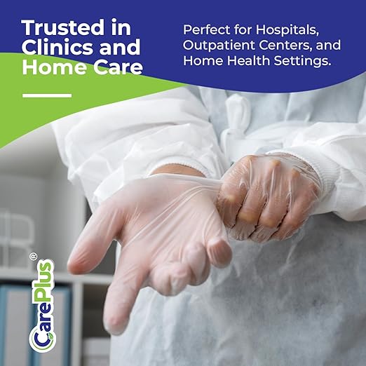 CARE PLUS Vinyl Gloves Clear Medium Size 100 Count | Heavy Duty, Non-Sterile, Powder-Free, Latex-Free Rubber | Food Prep, Kitchen & Cleaning Gloves, Ideal for Professional Use