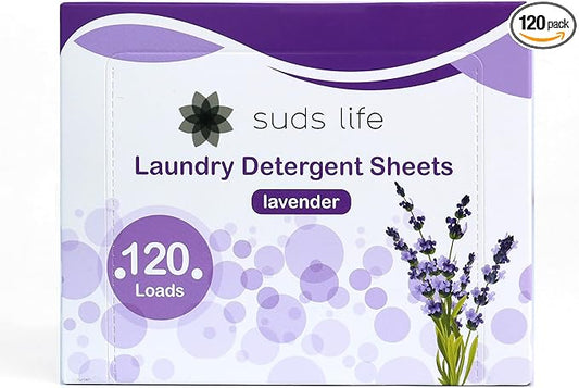 Suds Life Laundry Detergent Sheets (60 Sheets) Ocean Breeze, Lavender, Rainforest - Portable, Concentrated Laundry Detergent (Up to120 Loads) (Lavender)