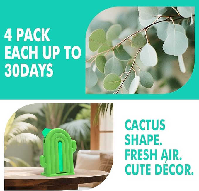 Air Freshener for Home, 2 Pack, 2 Refill, Eucalyptus Scent, Odor Eliminator, Up to 120 Days, Cactus-shaped Freshener for Closet Bathroom, Cute Home Decor, White and Green
