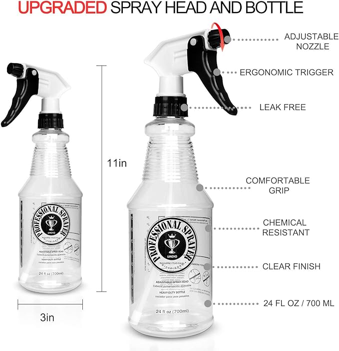 Plastic Spray Bottle (24oz 3 Pack) for Cleaning Solutions, Car Detailing Care, Planting, Pet, Clear Finish, Heavy Duty Empty Spraying Bottles Mist Water Sprayer with Measurements & Adjustable Nozzle
