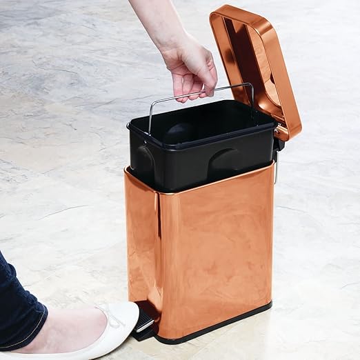 mDesign Small Modern 1.3 Gallon Rectangle Metal Lidded Step Trash Can, Compact Garbage Bin with Removable Liner Bucket and Handle for Bathroom, Kitchen, Craft Room, Office, Garage - Copper