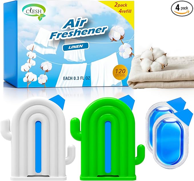 Air Freshener for Home, 2 Pack, 2 Refill, Linen Scent, Odor Eliminator, Up to 120 Days, Cactus-shaped Freshener for Closet Bathroom, Cute Home Decor, White and Green