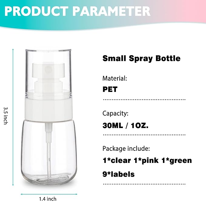 3 Pack 1oz/30ml Small Spray Bottle, Plastic Mini Spray Bottles, Travel Spray Bottle with Fine Mist,Tiny Spray Bottles with 9pcs Labels
