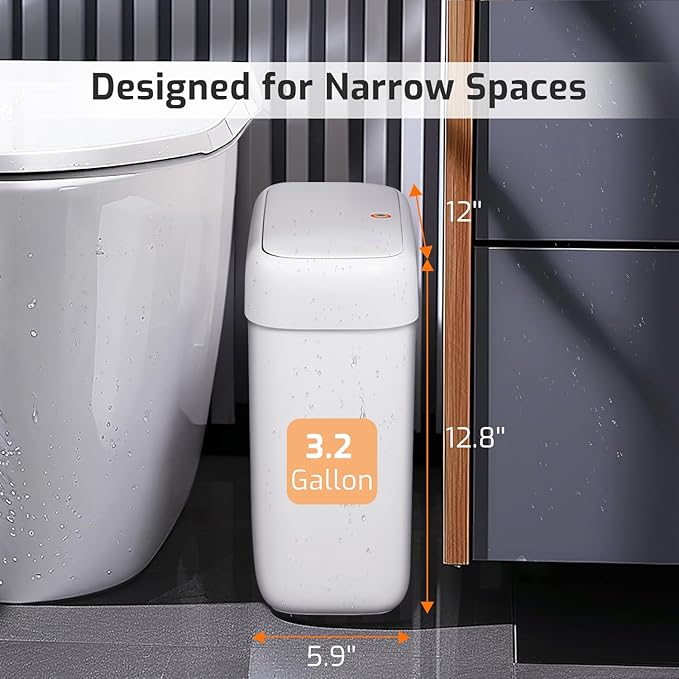 MOPALL Small Bathroom Trash Can with Lid, 3.2 Gallon / 11.5 L Slim Plastic Garbage Bin with Pop-Up Lid, Mini Waste Basket Can Dog Proof for Kitchen, Bedroom, Office, Laundry, Toilet, Rv, White