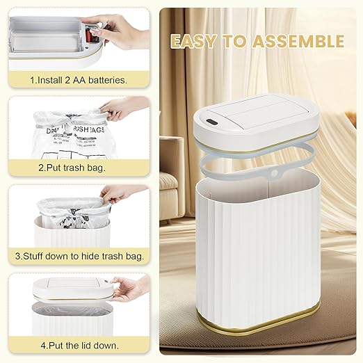 ELPHECO Bathroom Trash Can with Lid Butterfly, Motion Sensor Trash Can Bathroom Decor Automatic Garbage Can Wastebasket Bathroom Accessories, Kitchen, Living Room, Office, White Gold