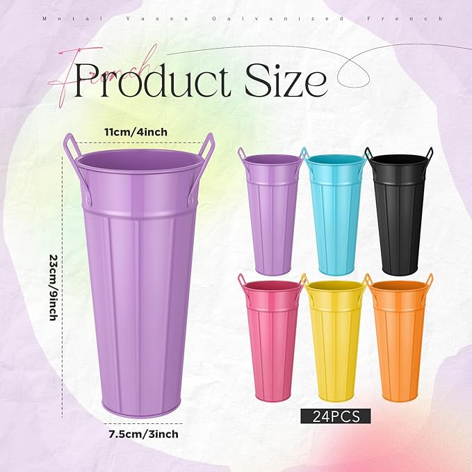 Lallisa 24 Pcs Metal Vases 9 Inch Galvanized French Farmhouse Flower Buckets with Handles and Hemp Rope, Vintage Style Flower Containers for Country Wedding Party Table Centerpiece Decor (Colorful)