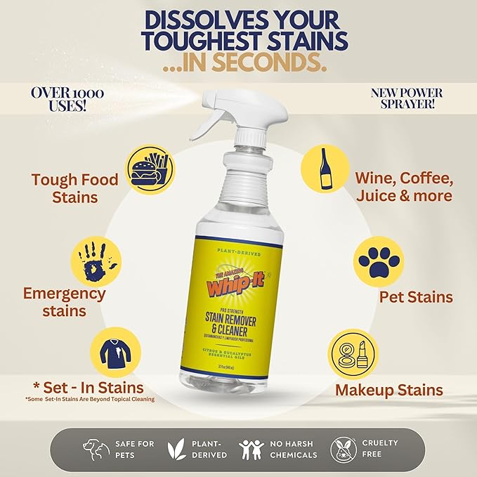 Whip-It Stain Remover and Concentrate Kit, 2-32oz Concentrates & 1-32 OZ Pro Spray Stain Remover, Makes 64 Bottles, Removes Coffee, Wine, Baby Stains, Pet Stains, Plant Based, Enzyme Cleaner, 500 Uses