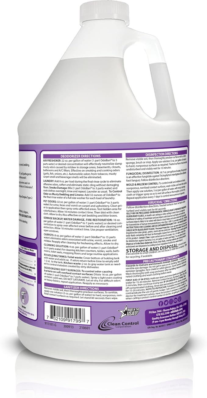 OdoBan Ready-to-Use Disinfectant and Harsh Aroma Eliminator, Set of 2, 14.6 Ounce 360-Degree Continuous Spray Fabric/Air Freshener and 1 Gallon Multi-Purpose Cleaning Concentrate, Lavender Scent